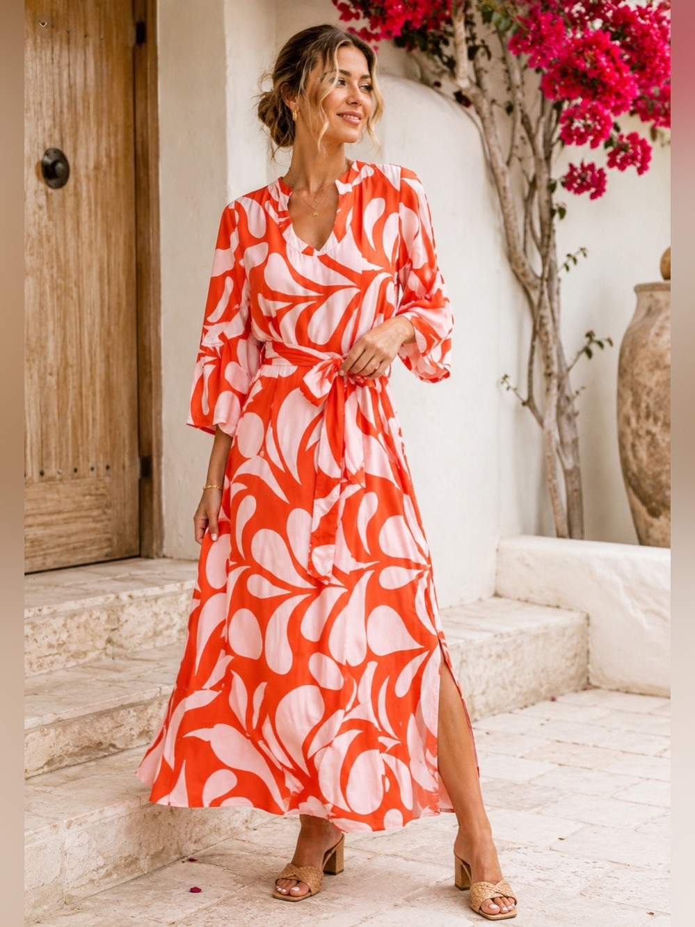 Escapada Coral Floral Belted Maxi Dress M Flutter Sleeve Rayon - Picture 3 of 11